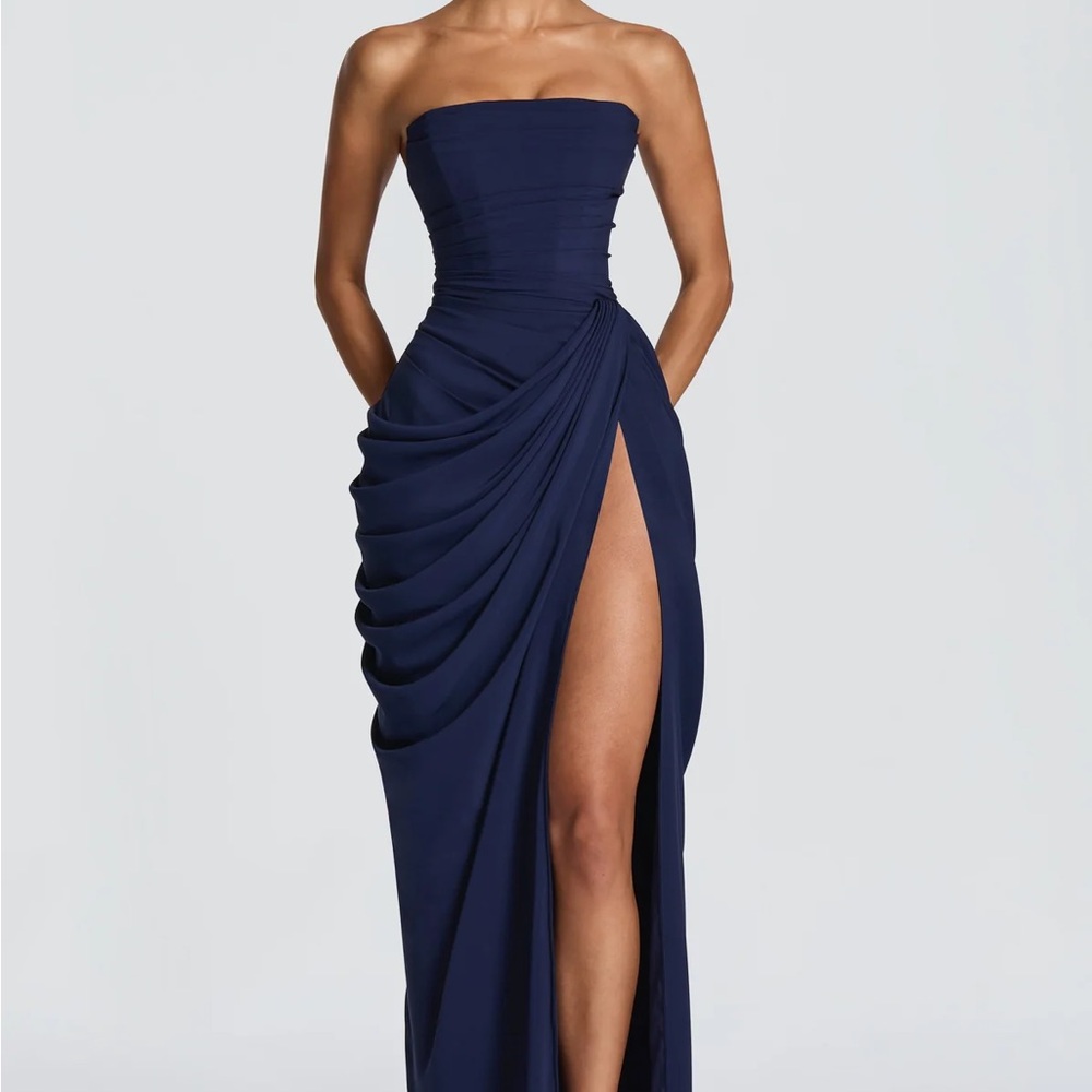 Strapless Navy Maxi Gown with Draped Side Ruching and High Slit